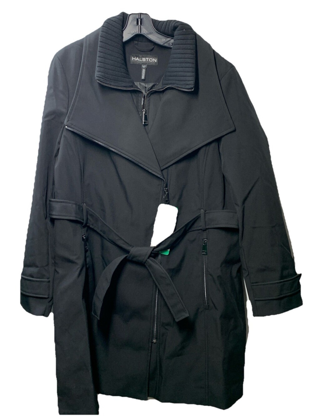 Halston Women’s Black Belted Trench Coat Long Sleeve Collared w/Pocket Size XL
